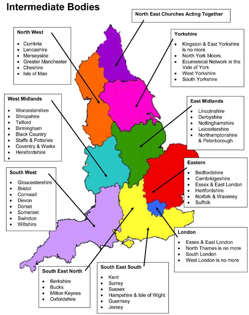 Intermediate Body regional groups - map showing the 10 regions across England