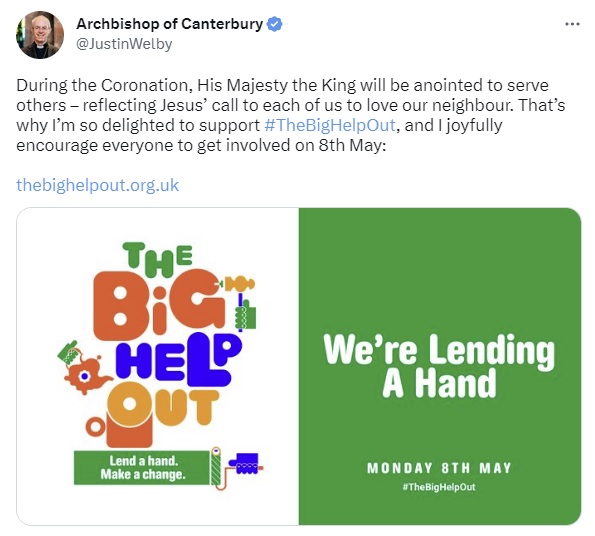 Tweet from the Archbishop of Canterbury about the Big Help Out
