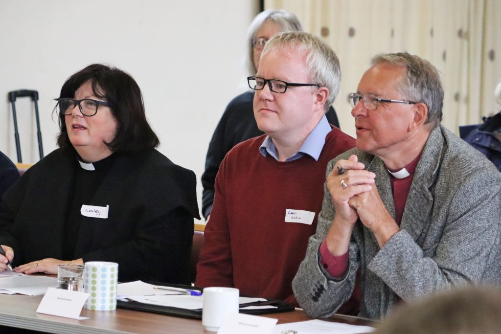 Bishop Paul listens to a speaker at the roundtable event, alongside Rev Lesley Jones from Jarrow and Simonside, and Gavin Aitchison from Church Action on Poverty