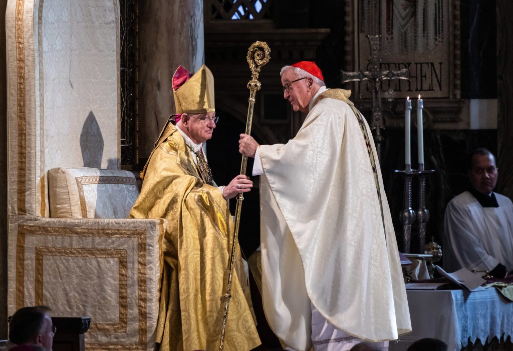Archbishop Richard receives the crozier from Cardinal Vincent at the Installation of Richard Moth as Twelfth Archbishop of Westminster © Mazur/cbcew.org.uk
