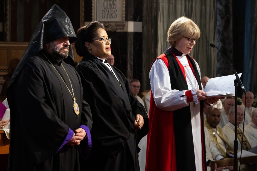 CTE Presidents at the installation of Archbishop Richard Moth. From L to R: Bishop Hovakim, Rev Dr Tessa Henry Robinson, Archbishop Sarah Mullally