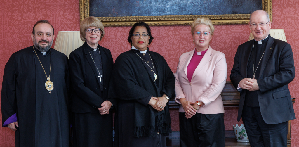 Pictured left to right: Bishop Hovakim Manukyan, Orthodox President and Primate of the Diocese of The Armenian Church of the United Kingdom & Ireland; Archbishop of Canterbury Sarah Mullally representing The Church of England; Rev Dr Tessa Henry-Robinson, Free Churches Group Moderator; Bishop Paulina Hławiczka-Trotman, CTE President for the Fourth Presidency Group and Head of The Lutheran Church in Great Britain and Archbishop of Westminster Richard Moth representing Catholic Bishops' Conference (England and Wales). ©Neil Turner
